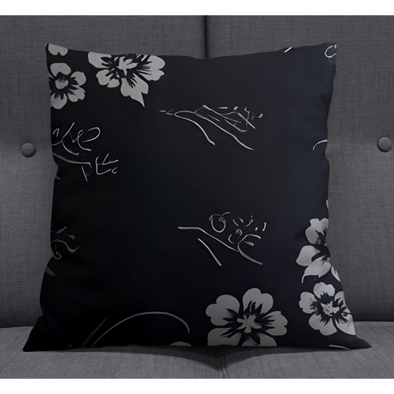 Throw Pillow With Insert, 16"H x 16"W, Black/White Floral 1