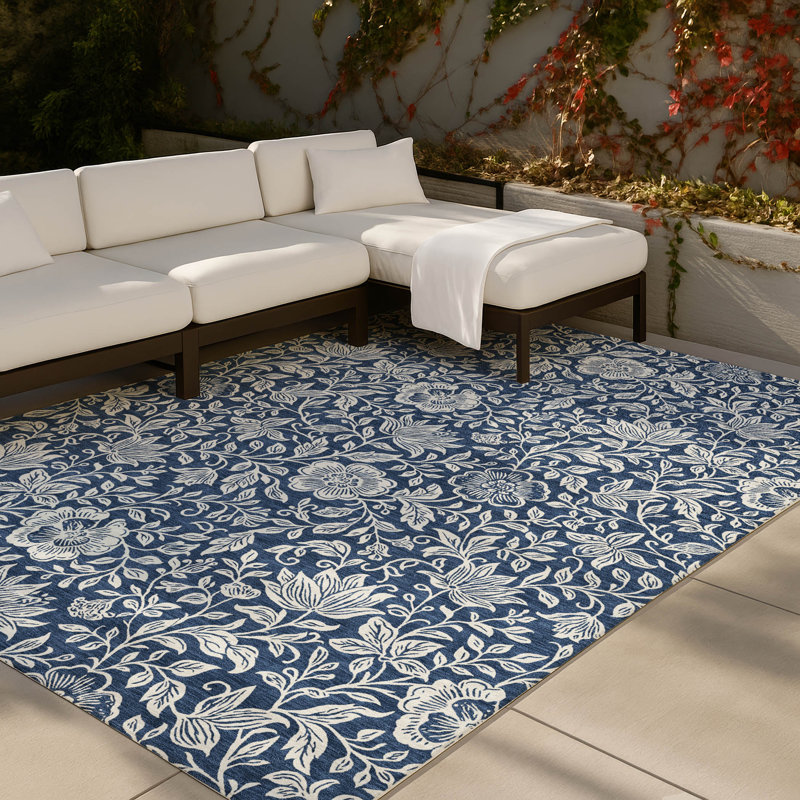Machine Washable Indoor/Outdoor Chantille ACN2572 Floral Rug, Navy, 3' x 5'