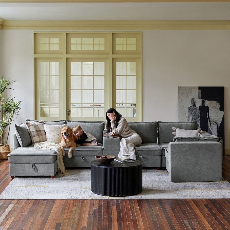 Bessette 144” Modern Storage Sectional Sofa With Charging Station And Middle Storage Compartment, Gray Polyester