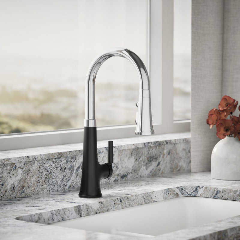 Tone Single Handle Pull Down Kitchen Sink Faucet with Three-Function Pull Down Sprayer, Polished Chrome/Matte Black