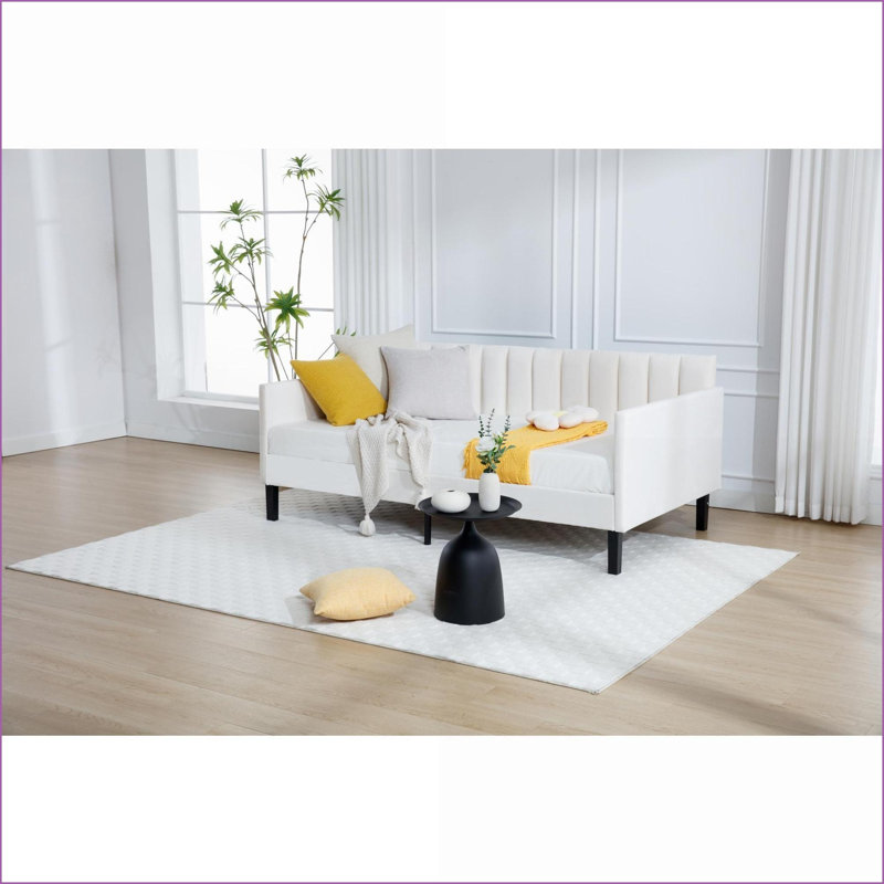 Twin Size Beige Velvet Upholstered Daybed with Tufted Backrest - Squeak-Free Metal Frame, No Box Spring Needed for Living Room