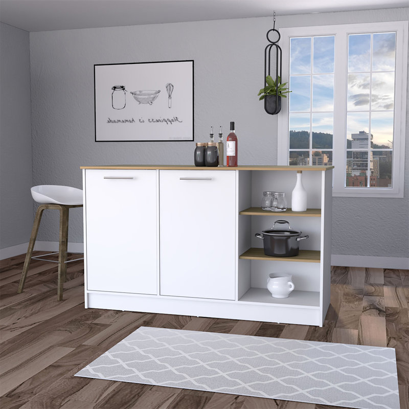 Îlot de cuisine 2 portes blanc et bois de frêne avec 3 tablettes ouvertes