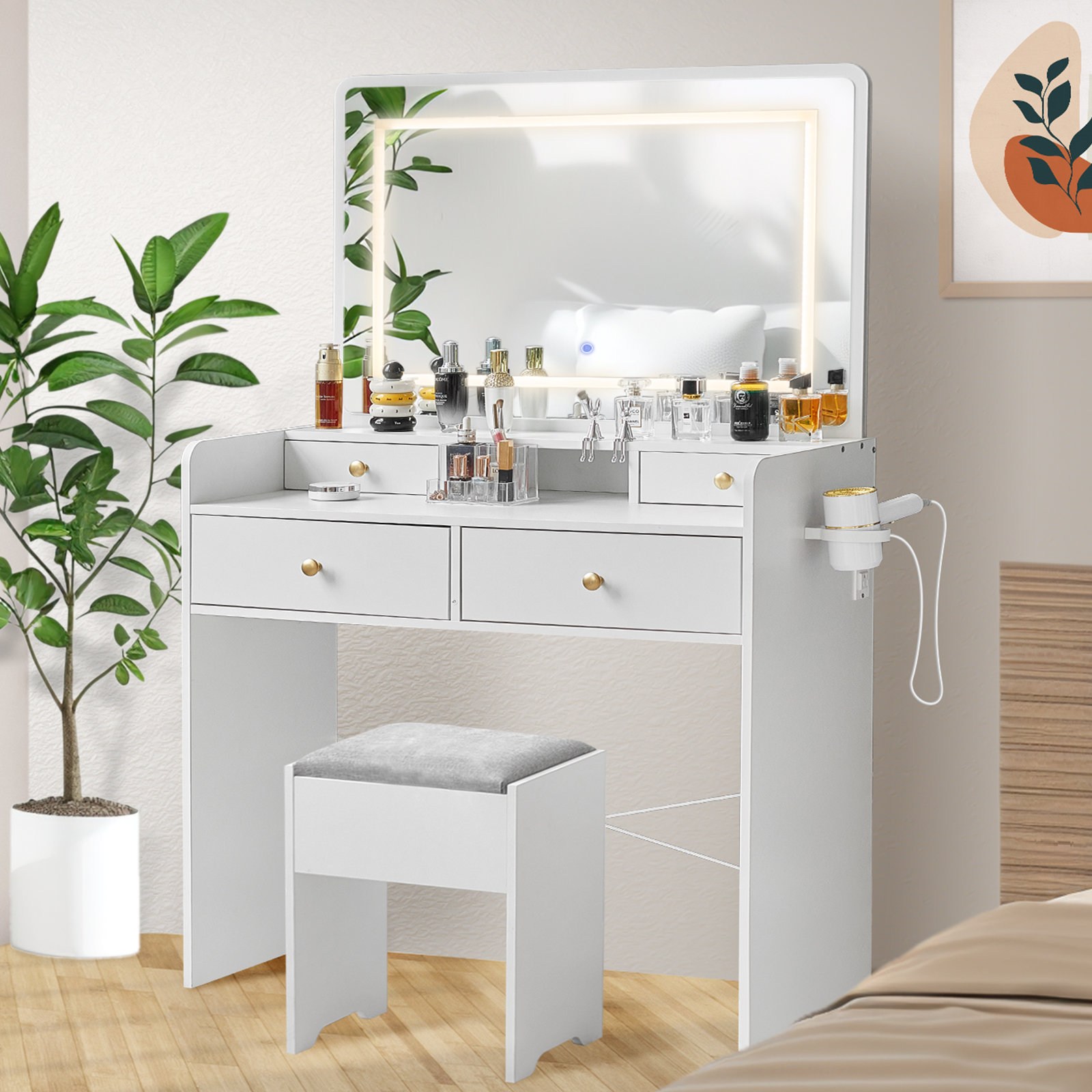 Wrought Studio Vanity Desk with Mirror and Lights Power Outlet & White