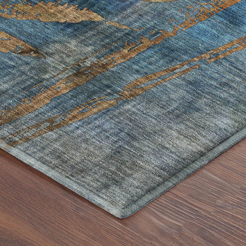 Premium Machine Washable Mayfield AMF2222 Botanical Rug, Blue, 2'6" x 3'10"