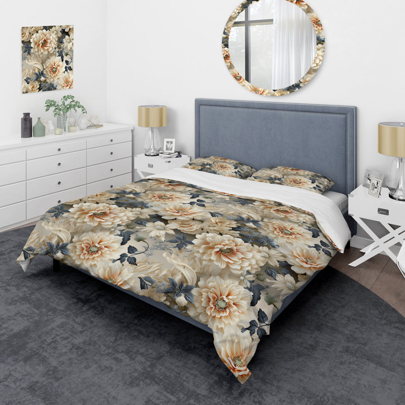 Literie à motif floral gris antique, Housse de couette pour très grand lit et 2 très