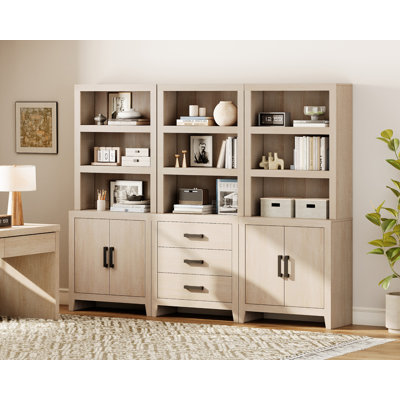 74" Tall Bookshelf Set Of 3, Farmhouse Bookcase With Doors & Drawers, Wooden Bookshelf For Living Room, Home Office, Library, Beige