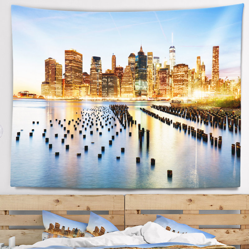 Cityscape de polyester illuminé à l’tapisserie skyscrapers new york avec accessoires suspendus inclus, H 50 po x l 60 po