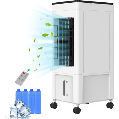 Refroidisseur d'air par évaporation amélioré avec télécommande, réservoir d'eau de 2 gallons, 3 vitesses, 4 modes, blanc minuterie