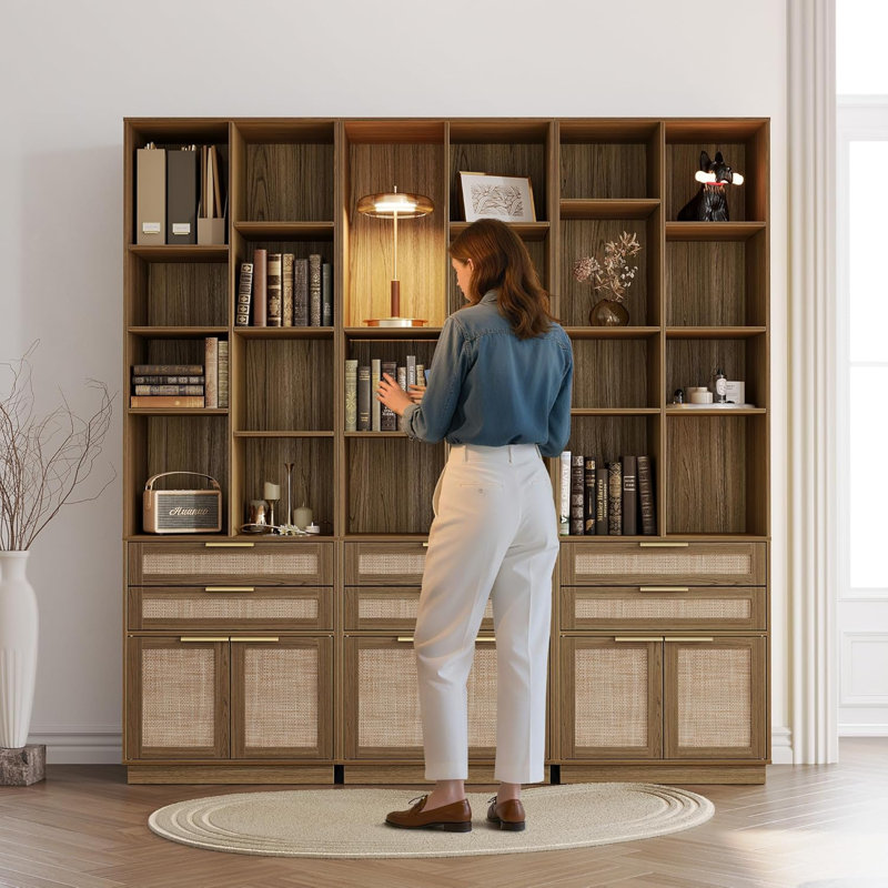 Bibliothèque haute H 73 po x l 23,6 po avec 2 tiroirs et armoire de rangement, Brun