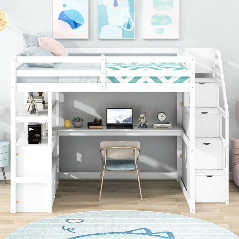 Lit mezzanine double avec bureau, tablettes et rangement - Collègues -