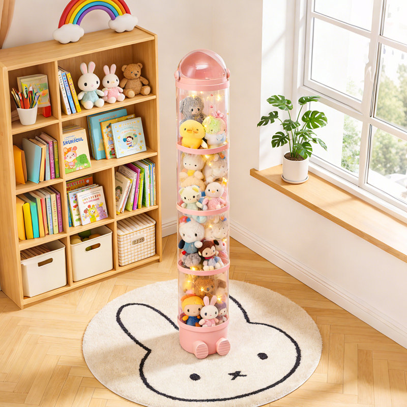 Vertical Clear Plastic Toy Storage Tube Organiser with String Light, 157cm H x 23cm W x 29cm D, Transparent/Creamy Pink