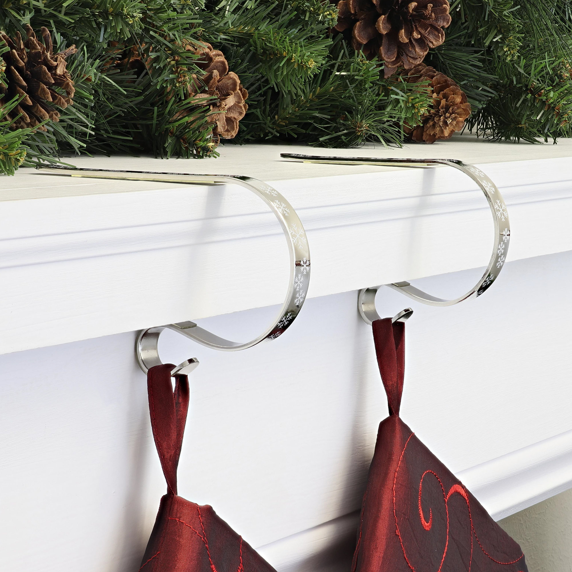 Mantleclip Stocking Holder, Silver with White Snowflake