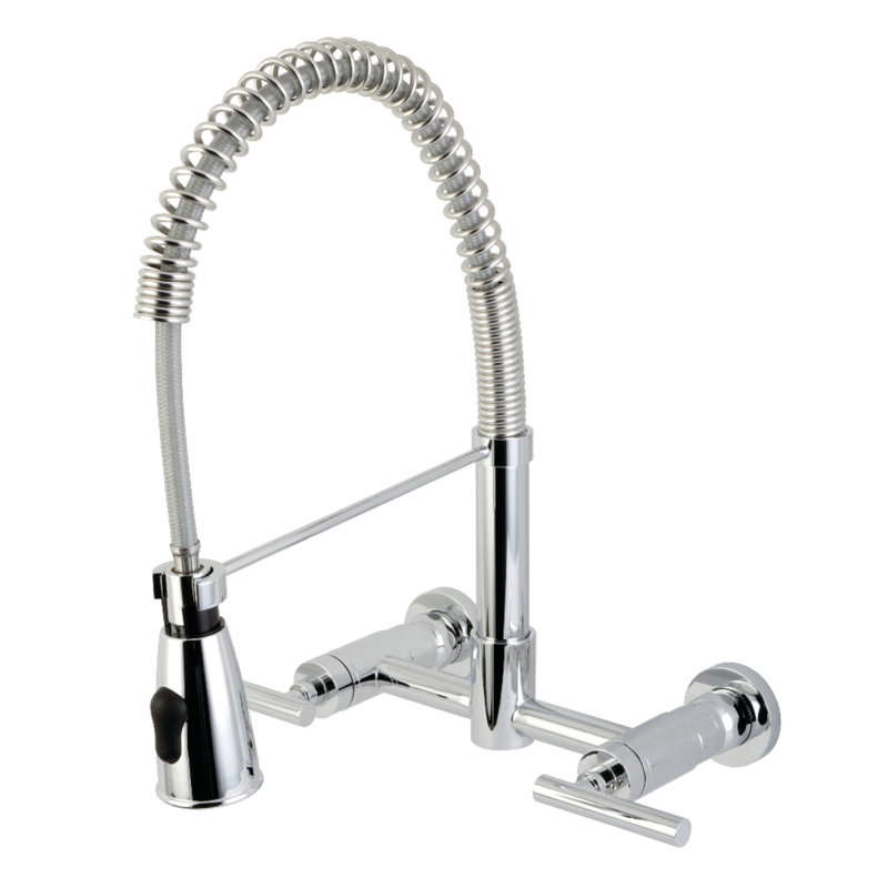 Kingston Brass Manhattan Double-Handle 2-Hole Wall-Mount Pre-Rinse Bridge Kitchen Faucet, Polished Chrome