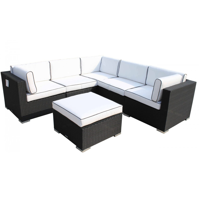 Anastasia 6 Seater Rattan Corner Sofa Set with Cushion, Black/Vanilla