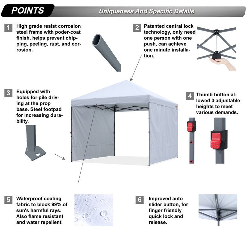 10 Ft. W X 10 Ft. D Easy Pop Up Canopy Tent With 2 Sidewalls, White