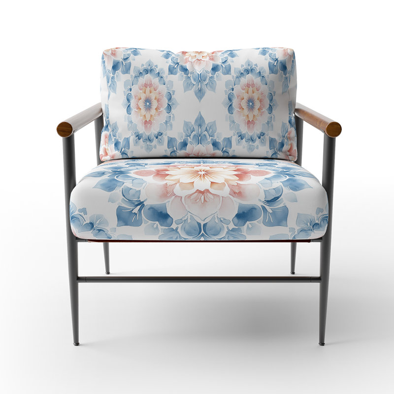 Chaise marocaine rembourrée en velours marocain - fauteuil bleu pastel boho mandala, Bras ronds bruns