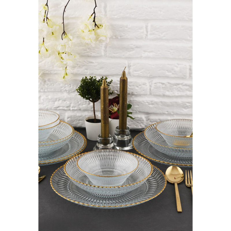 Elegant 12-Piece Dinner Set, Transparent Glass | Includes 4 Bowls (5.9 in), 4 Dinner Plates (8.3 in), 4 Service Plates (11 in) | 100% Glass, Stylish Design | Perfect for Formal Dining & Entertaining, Not Dishwasher or Microwave Safe