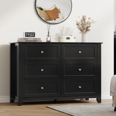 Commode 6 tiroirs avec boutons en métal, double commode en bois de 47,2 po pour le couloir de l'entrée de la chambre à coucher