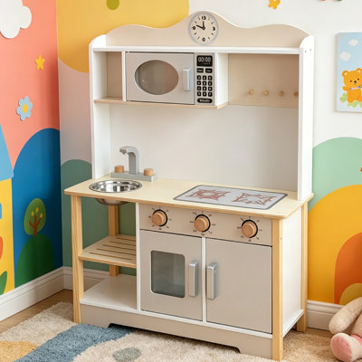 Large Preschool Kitchen Playset, Large Wooden Play Kitchen, Realistic Toddler Kitchen Set