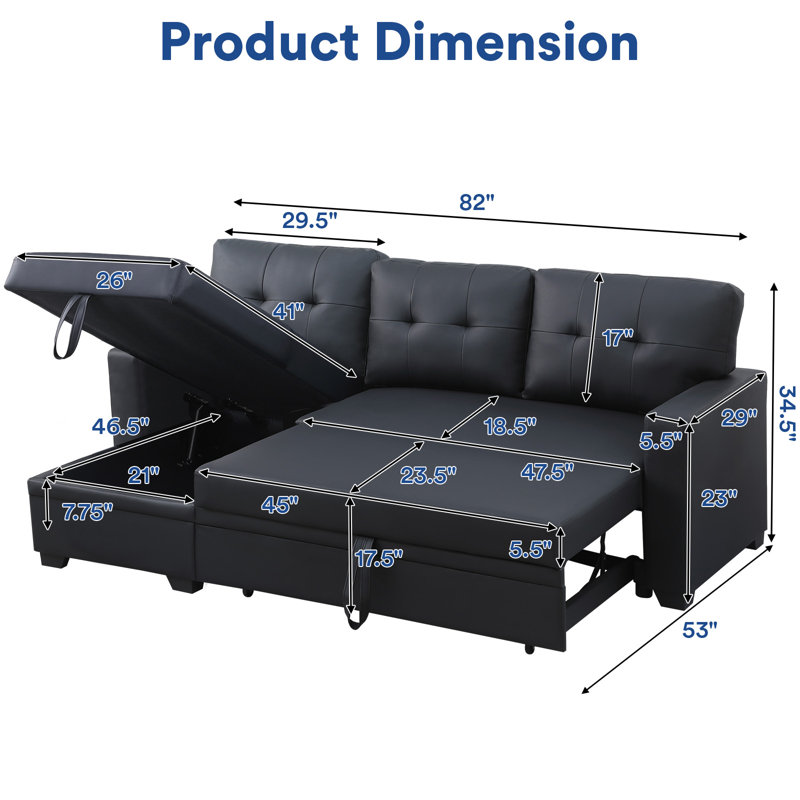 82-inch Sleeper Sofa, Upholstered Pull Out Sectional Sofa with Storage Chaise, L-Shaped Corner Reversible Sleeper Sectional Sofa