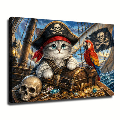 Cute Pirate Cat With Treasure Chest And Scarlet Macaw On Old Sailing Ship Nautical Canvas Wall Art