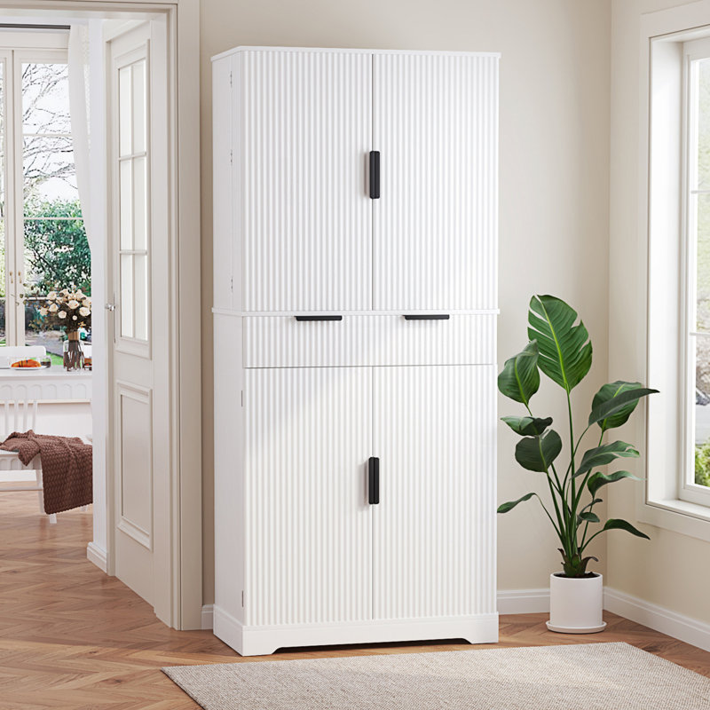 Fluted Kitchen Pantry Cabinet With 3 Keyboard Drawers & 6 Door Shelves, Freestanding Cupboard Storage Cabinet, Living Room Cabinet