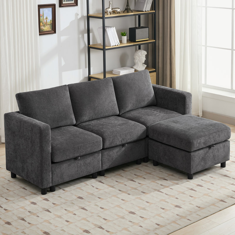 4 - Piece 82.7" Upholstered L Shape Sofa with Convertible Ottoman, Under-Seat-Storage, Dark Gray Chenille