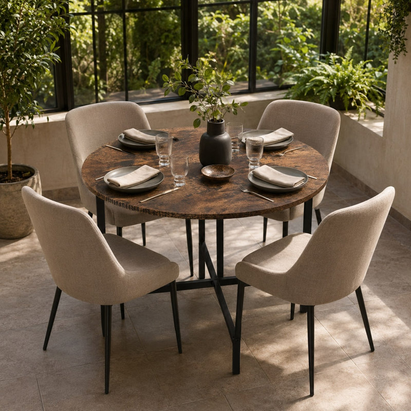 80cm Round Wooden Dining Table with X Frame Metal Legs for Dining Room, Rustic Oak