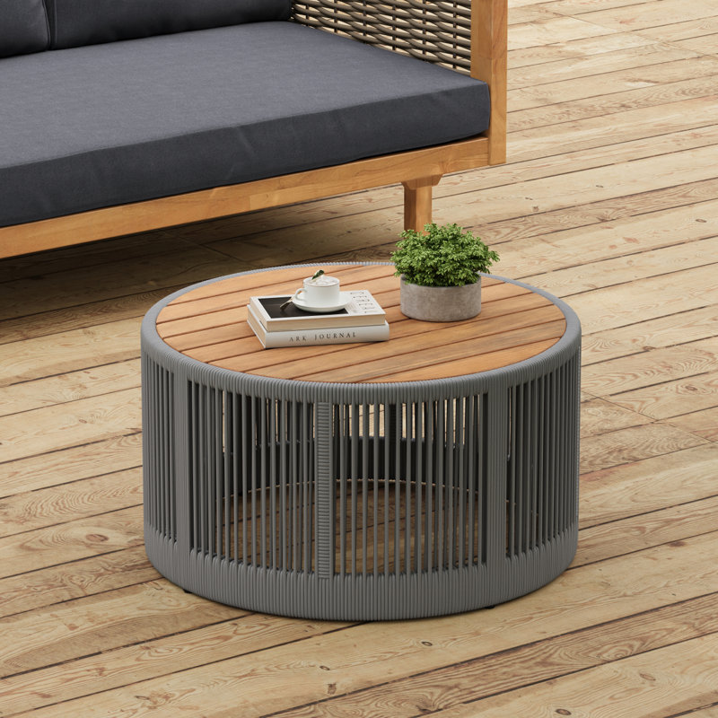 Outdoor Rattan And Acacia Wood Coffee Table For Patio