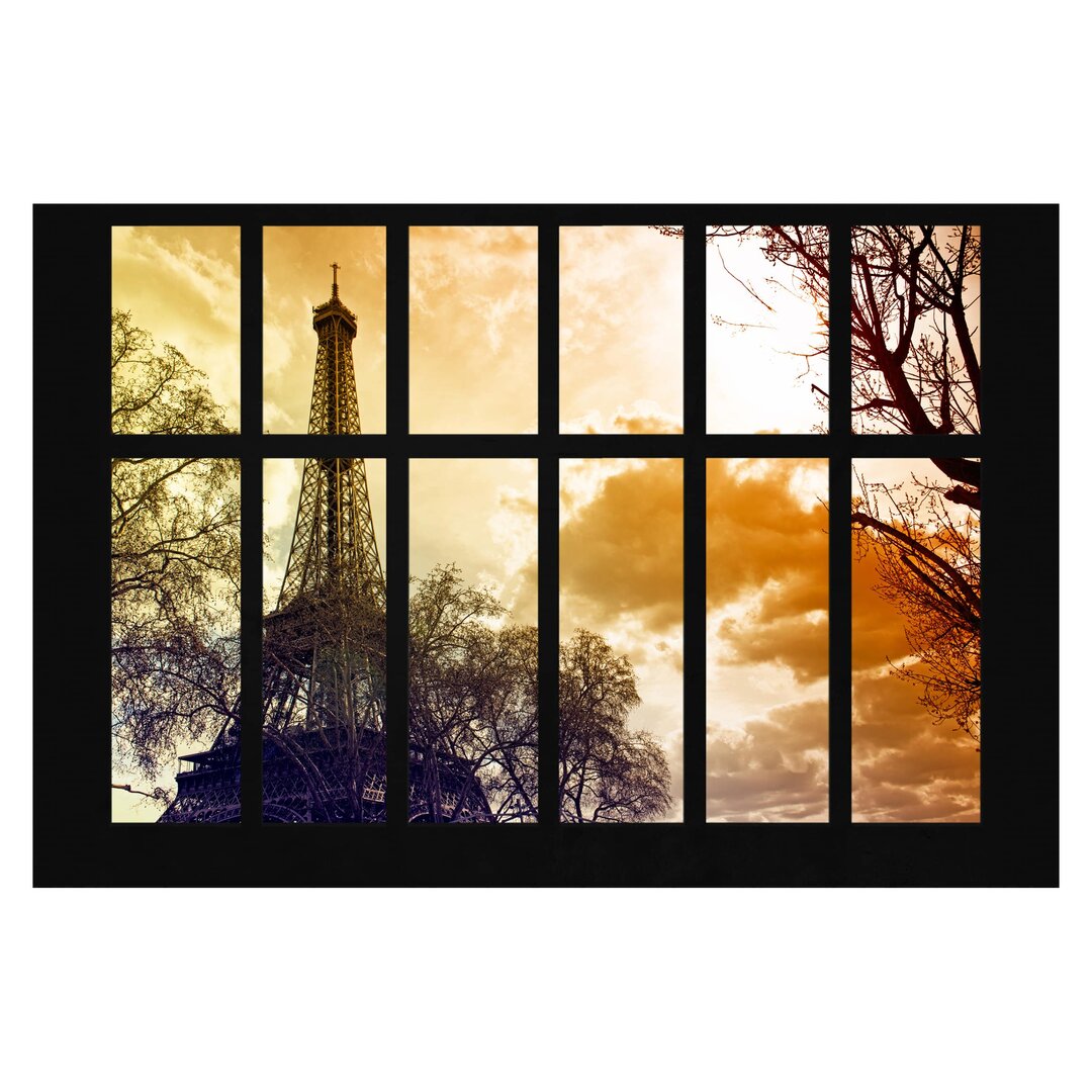 Matt Fototapete Fenster Sonnenaufgang Paris Eiffelturm 2,55 m x 384 cm