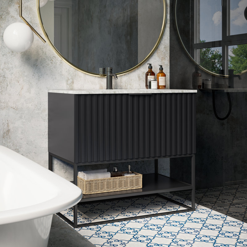 Terra 36'' Single Bathroom Vanity with Top, Carrara Marble/Single Faucet Mount, Midnight Black, Matte Black
