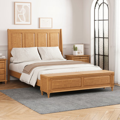 Queen Bed Frame with Tall Headboard and Storage Bench,Soild Wood Sleigh Bed with 64" Storage Chest,No Box Spring Needed, Natural