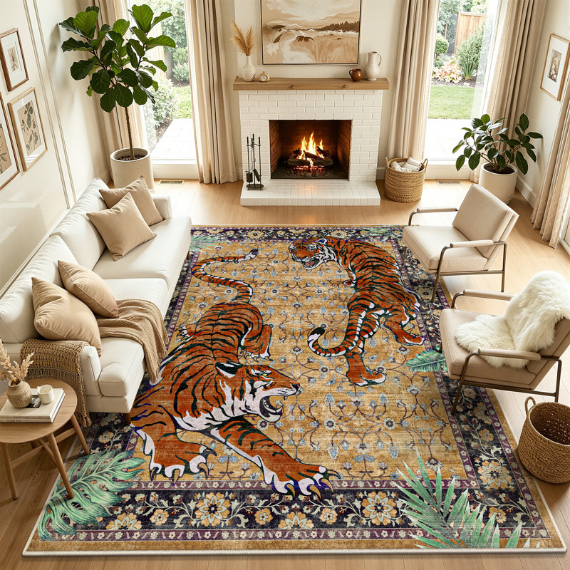 Tapis à motif tigre, tapis oriental lavable, tapis antidérapant, Rectangulaire 8 pi x 10 pi