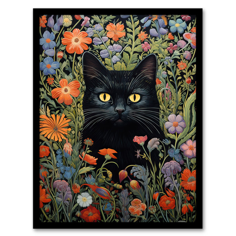 Black Cat In Wildflower Meadow Flowers Floral - Single Picture Frame Print