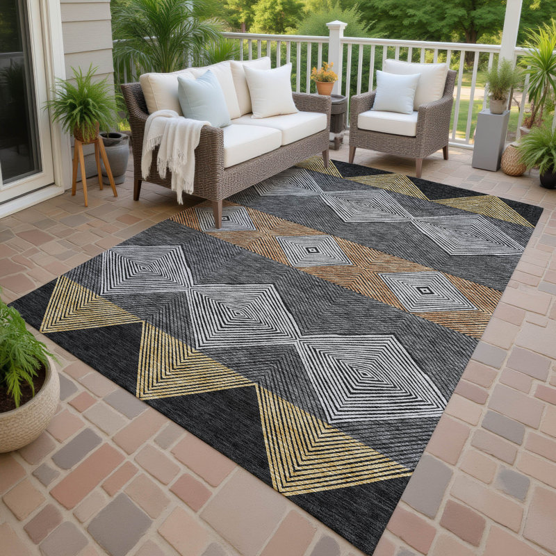 Machine Washable Indoor/Outdoor Chantille ACN2545 Geometric Rug, 5' x 7'6", Black
