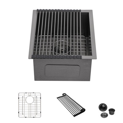 15 X 17 Inch Gunmetal Black Undermount Single Bowl Kitchen Sink, 16 Gauge Stainless Steel With 10 Inch Deep Basin