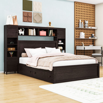 Wood 2 Drawers Bed with Trundle, Storage Cabinet, Shelves and Built-In Sockets