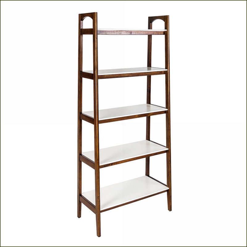 Bibliothèque Mid-Century moderne à 5 tablettes avec tablettes blanc cassé et amp; Base pacane | Cadre en bois massif
