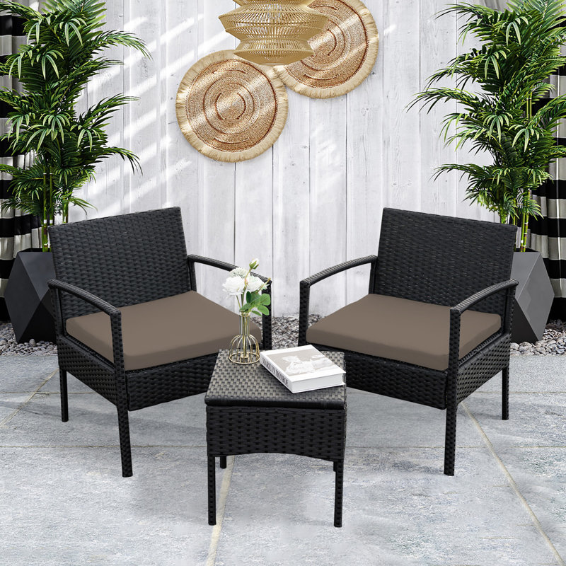 Adaleine 2-Person Patio Bistro Rattan Chair & Table Set with Cushions, Brown