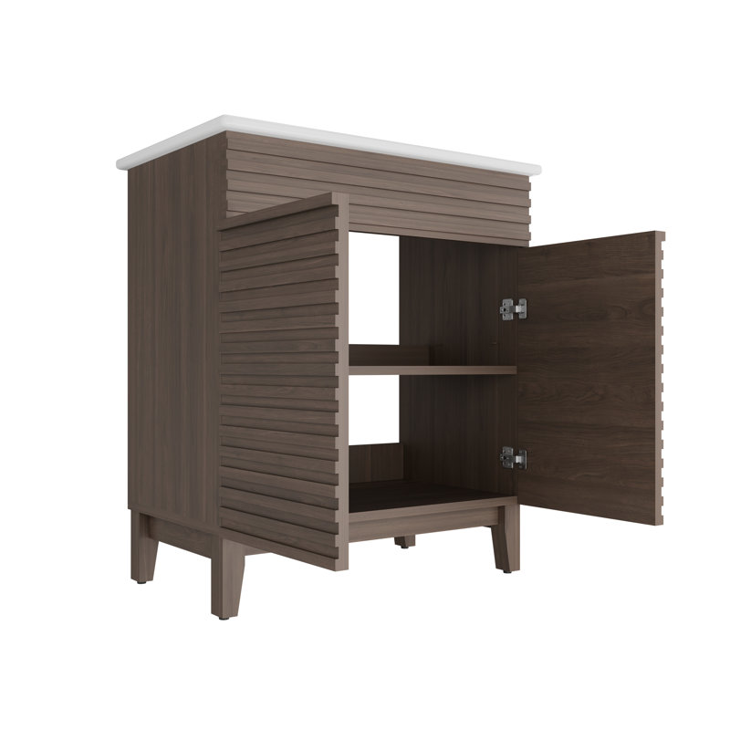 Armoire de salle de bain brune de 30 pouces avec lavabo en céramique blanche, esthétique Mid-Century, construction imperméable, finition à surface lisse et tablettes réglables