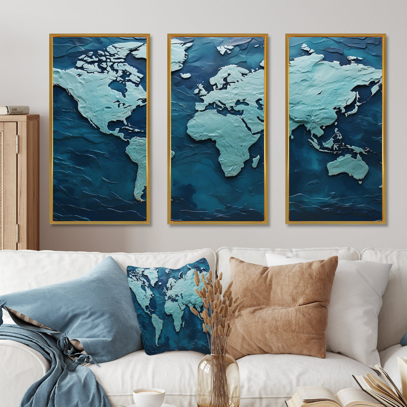 Carte du monde océanique ombrée - ensemble d'art mural carte du monde, Cadre flottant doré, H 28 po x l 36 po x P 1 po