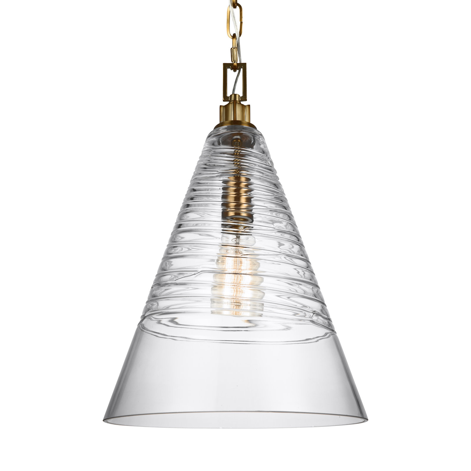 Single Light Ribbed Glass Dimmable Pendant, Burnished Brass