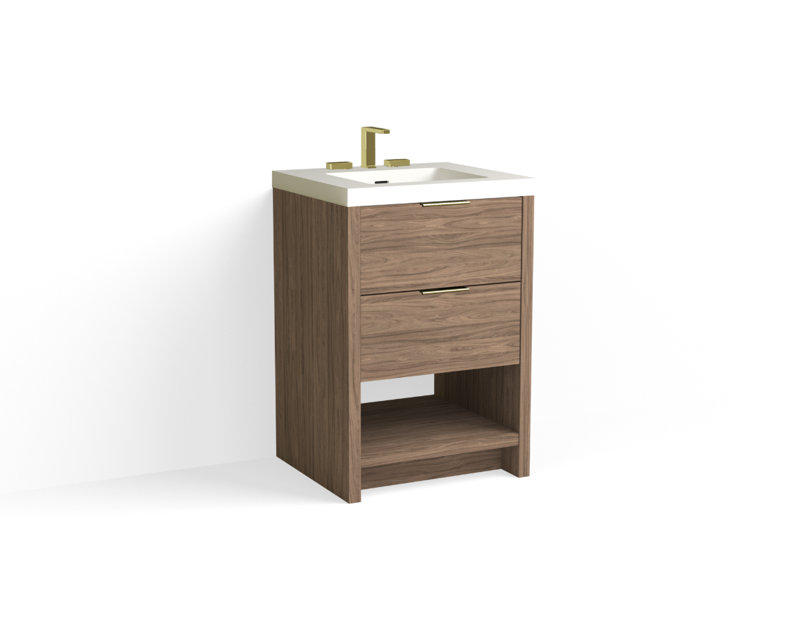 Vue 24" W Freestanding Single Bathroom Vanity, Matte White/8" Widespread, Satin Brass, Nocino