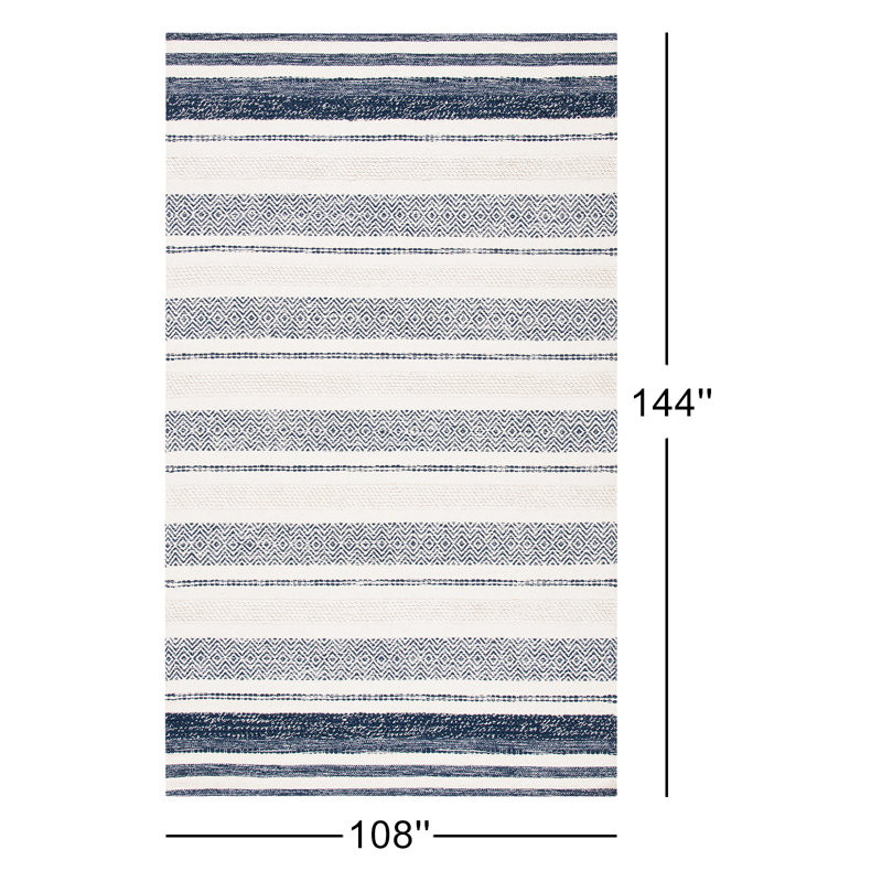 Tapis ivoire / bleu marine en coton tissé à plat à la main Addilyn, Rectangle 9 pi x 12 pi