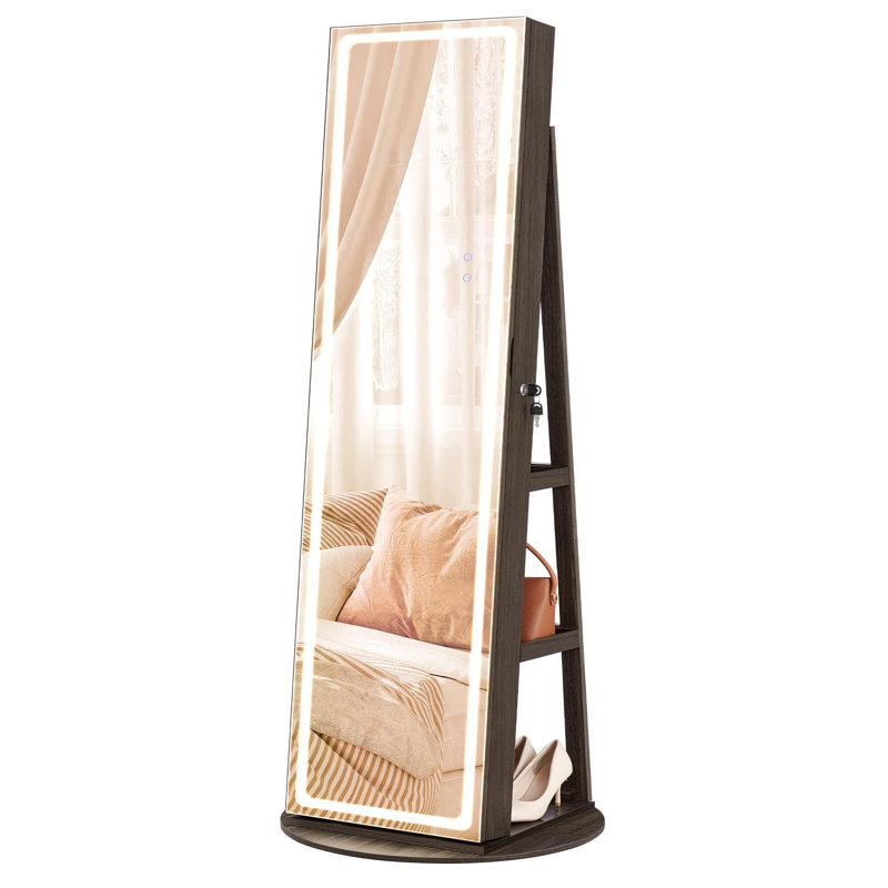 LED Mirror Jewelry Cabinet Standing, Lockable Jewelry Armoire with Full-Length Mirror and Adjustable LED Lights, Ash Brown