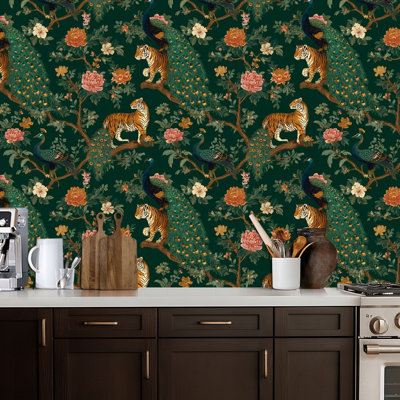 Peel and Stick Wallpaper Ornate Tigers Peacocks Floral Tree Design Dark Green Contact Paper Removable Self Adhesive Wall Mural Wall Decor for Bedroom