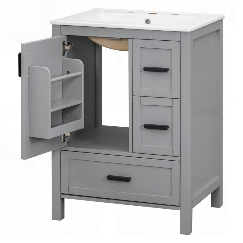 Meuble-lavabo moderne de 24 po avec lavabo en céramique, porte à fermeture en douceur, tablette de porte à double couche et 3 tiroirs