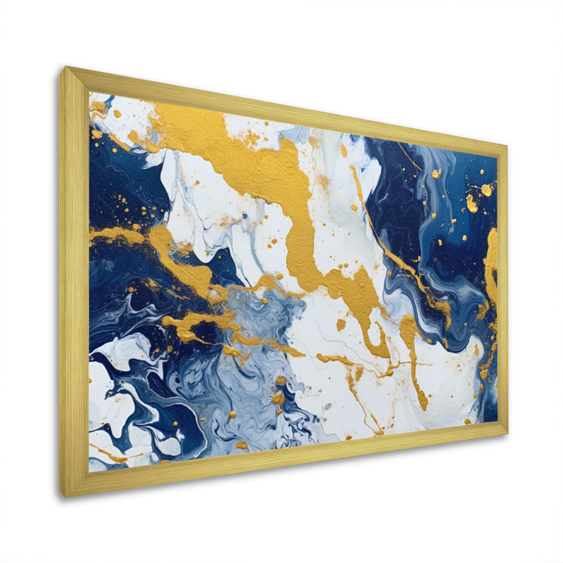 Bleu et or, art abstrait fluide de luxe, art mural fractal pour salon, H 24 po x l 32 po x P 1 po