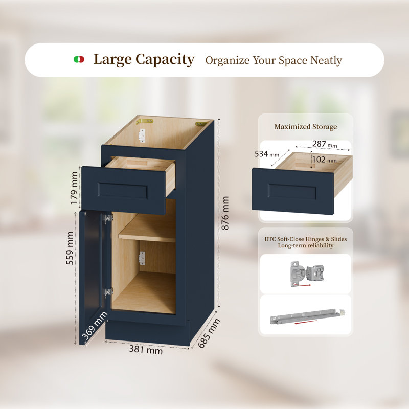 Armoire de base 15 po bleu marine Shaker avec porte à fermeture en douceur, tiroir, unité en bois massif compacte avec tablette réglable pour la cuisine, la salle de bain, la buanderie et le garage (l 15 po x P 24 po x H 34,5 po)