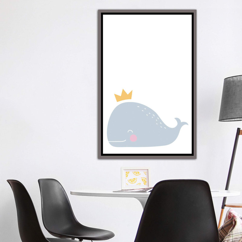 Baleine avec couronne - impression d'art graphique, H 60 po x l 40po x P 1,5 po, Toile avec cadre gris, Pas de tapis